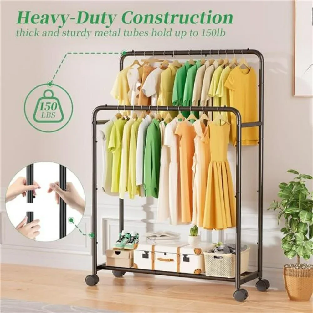 Rolling Clothes Rack Double Rod Garment Rack with Wheels Metal Black - Picture 6 of 7